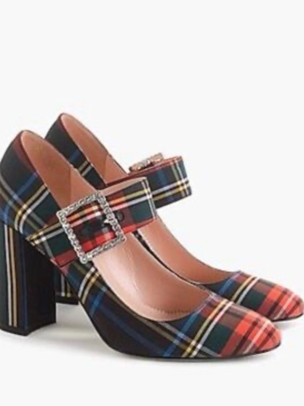 Jcrew Plaid Tartan Mary Jane Block Heel Pumps Crystal Buckle Classic Holiday